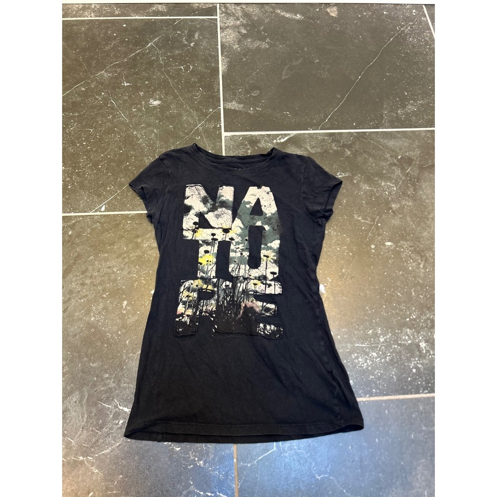 Mudd Womens Nature Graphic Tee Black Short Sleeve Slim Fit T-Shirt Size Medium